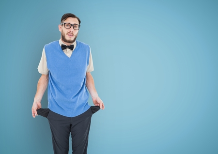 Digital composite of young men with bow tie and suit coat with empty pockets in a blue backgroundの写真素材
