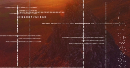 Digital composite of White code against mountain rock in sunset