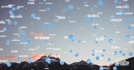 Digital composite of White and blue network against mountain tops and skyの写真素材