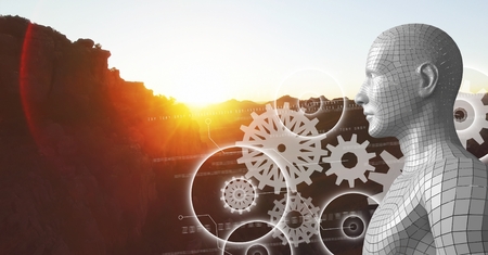 Digital composite of White gear graphics and white male AI against mountain and sunsetの写真素材