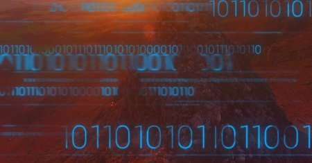 Digital composite of Blue binary code against mountain rock in sunset