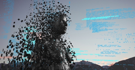 Digital composite of Blue code against black female AI and mountain tops and skyの写真素材