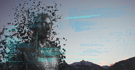 Digital composite of Blue code against black male AI and mountain tops and skyの写真素材