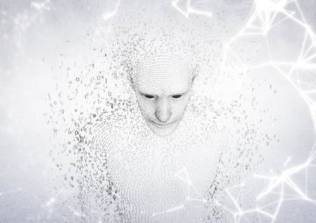 Digital composite of White network against man shaped binary code and white background