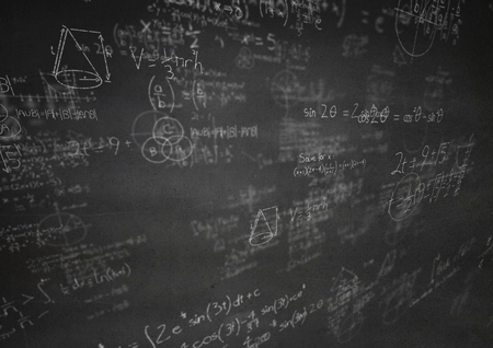 Digital composite of White math doodles and grey wallの写真素材