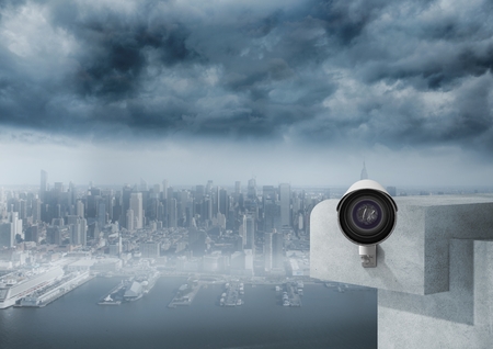Digital composite of cctv in front of the city.