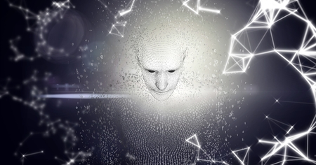 Digital composite of White network an man shaped binary code against dark background and flareの写真素材