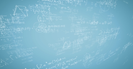 Digital composite of White math doodles and blue backgroundの写真素材