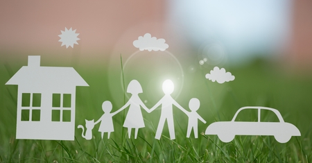 Digital composite of Cut out house family and car on grassの写真素材