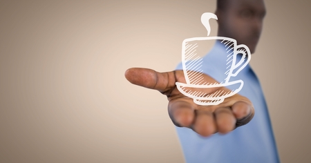 Digital composite of Business man mid section with white coffee doodle in hand against cream backgroundの写真素材