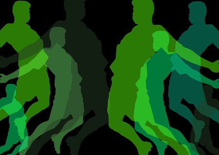 Digital composite of man jumping silhouettes in range  of greens with opacity. Black backgroundの写真素材