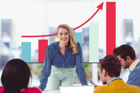 Digital composite of Professor teaching to student in front of a digital screen with graphicsの写真素材