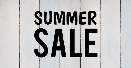 Digital composite of Black summer sale text against white wood panelの写真素材