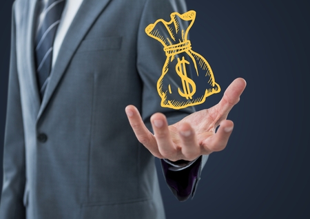 Digital composite of Business man mid section with yellow moneybag doodle in hand against navy backgroundの写真素材