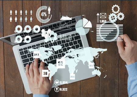 Digital composite of Composite image of hands of businessman working on a laptop and scriptures