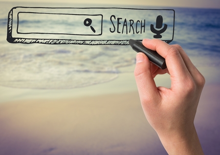 Digital composite of Hand drawing search bar against blurry beach