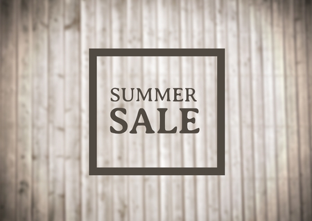 Digital composite of Brown summer sale graphic against blurry wood panelの写真素材