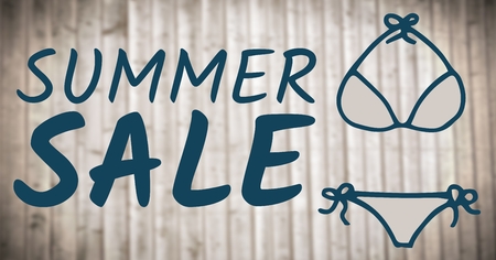 Digital composite of Blue summer sale text and blue bikini graphic against blurry wood panelの写真素材