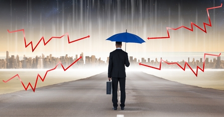Digital composite of Digital composite image of lightning arrows on blue umbrella held by businessman with briefcase stanの写真素材