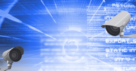 Digital composite of Digital composite image of CCTV cameras against text on blue background