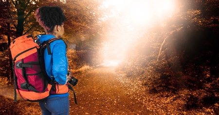 Digital composite of Rear view of hipster carrying backpack and holding camera while standing in forestの写真素材