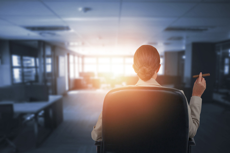 Rear view of business executive holding cigar against table and empty chairs in officeの写真素材