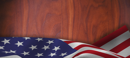 Focus on usa FLAG against dark wooden backgroundの写真素材