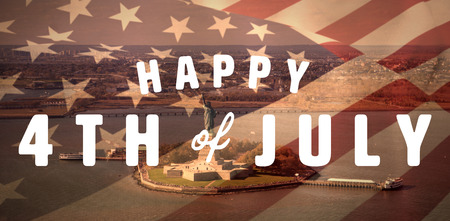 Digitally generated image of happy 4th of july text against high angle view of statue of liberty in seaの写真素材