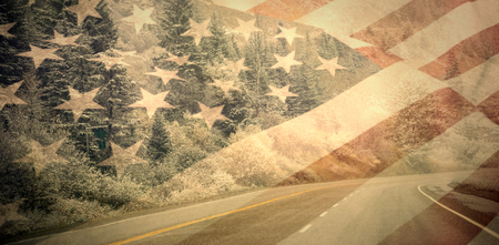 Close up of the us flag against asphalt road through forestの写真素材