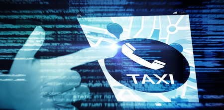 Cropped hand of woman pointing against blue textsの写真素材