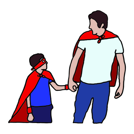 Vector icon set of dad and son in superhero costume against white backgroundのイラスト素材