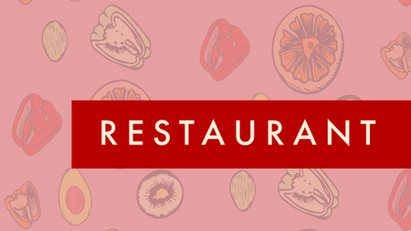 Vector image restaurant text with various meal on pink background
