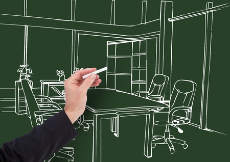 Digital composite of 3d hand drawing office lines in dark backgroundの写真素材