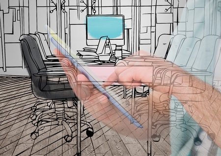 Digital composite of hands with tablet drawing on it the new office lines and overlap with this in the room that is goingの写真素材