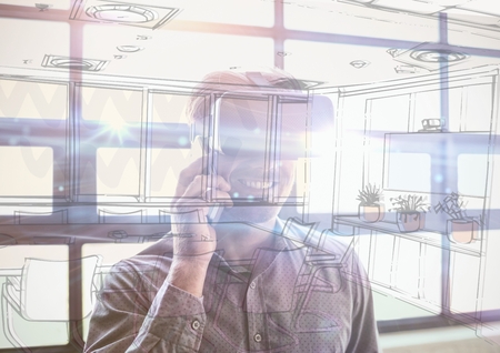 Digital composite of business young man with 3D glasses in the office overlap with  office lines