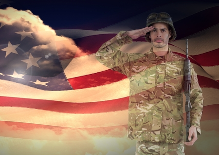 Digital composite of Soldier saluting with American Flagの写真素材