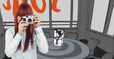Digital composite of Millennial woman with camera against orange and grey hand drawn officeの写真素材