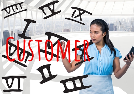 Digital composite of Businesswoman with calculator writing 3D roman numbers and CUSTOMER on the screen.の写真素材