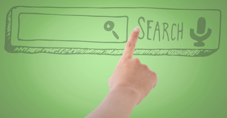 Digital composite of Hand pointing at 3D search bar against green backgroundの写真素材