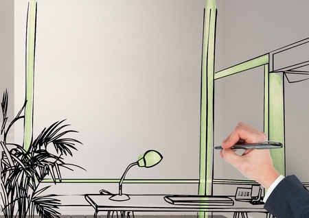 Digital composite of 3D hand drawing office fictitious lines in the room. With green detailsの写真素材