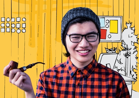 Digital composite of Millennial man with pipe against yellow hand drawn officeの写真素材