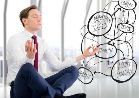 Digital composite of Business man against blurry window with flare and 3D concept doodleの写真素材