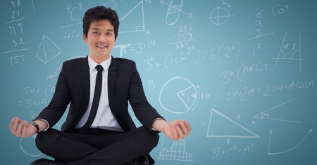 Digital composite of Business man against blue background with math doodle