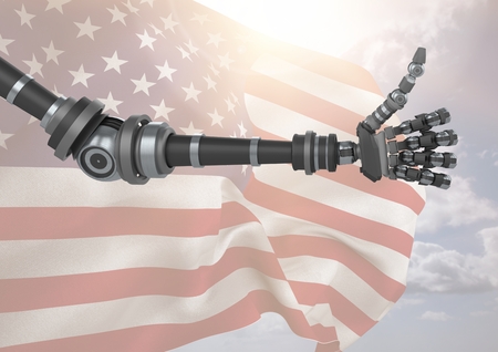 Digital composite of Robot with thumbs up against american flagの写真素材