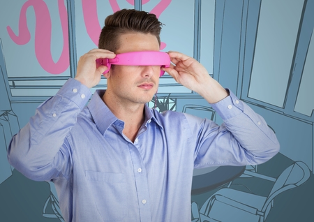 Digital composite of Business man in pink virtual reality headset against blue and pink hand drawn officeの写真素材