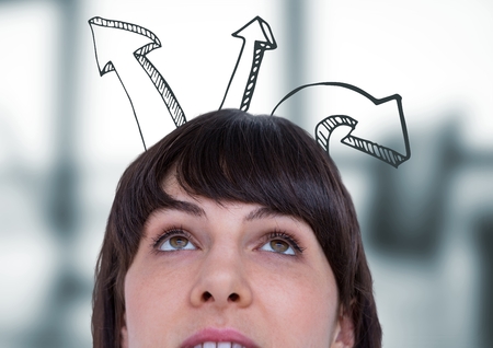 Digital composite of Top of woman's head and upward 3D arrows against blurry grey officeの写真素材