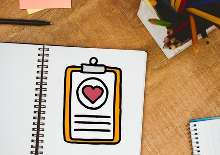 Digital composite of Medical clipboard doodle on notepad next to pencilsの写真素材