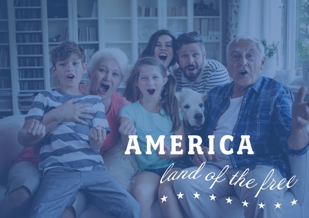 Digital composite of Happy family sitting in a couchの写真素材