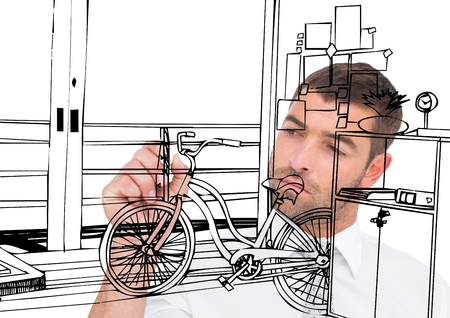 Digital composite of man drawing 3D office lines on the screenの写真素材