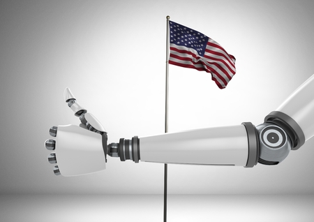 Digital composite of Robot with thumbs up  against american flag